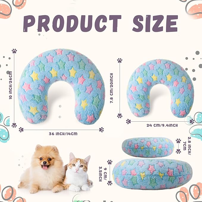 Sweetude 4 Pcs Pillows for Cats Puppy Bed Fluffy Pet Calming Soft Gifts Half Donut U Shaped Pet Neck Pillow Training Joint Relief Cervical Protection(Star,Large)