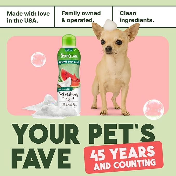 TropiClean 2-in-1 Dog Shampoo and Conditioner, Professional Dog Shampoo, Puppy Safe, Moisturizing Detangler, Made in USA, Watermelon Scent, 1 Gallon