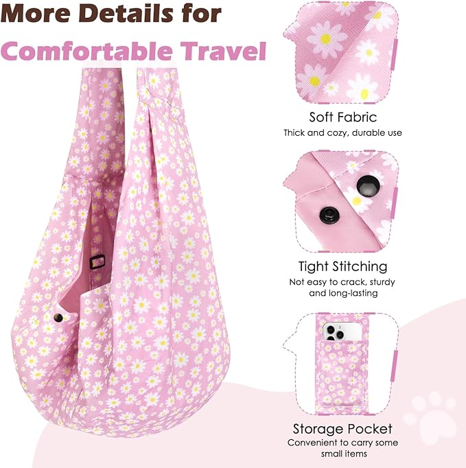 Pawaboo Small Dog Sling Carrier, Reversible Hands Free Dog Sling Carriers for Small Dogs and Cats, Puppy Slings Carrier with Safety Harness, Puppy Essentials, Pink Daisy