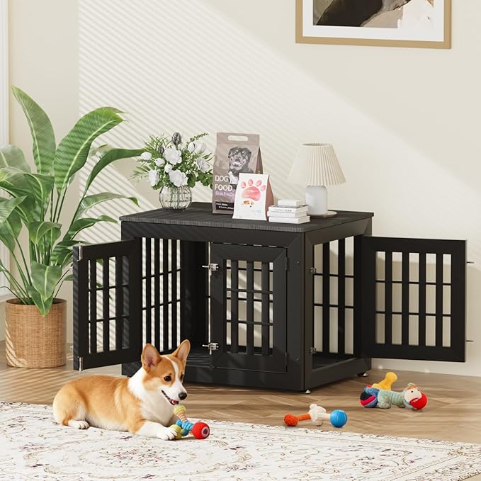 32" Heavy Duty Dog Crate Furniture for Small,Medium and Large Dogs,Rustic Wooden Dog Cage Kennel Indoor Furniture with Waterproof Top,Decorative Pet House Side End Table (Black)