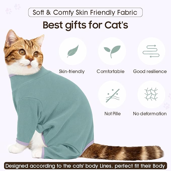 DENTRUN Cat Clothes for Hair Control with Hair Sticky Fabric - Soft Recovery Suit & Breathable Lint-Resistant Cat Sweater for Cats Only, Kitten Onesie Pajamas, XL, Bean Green