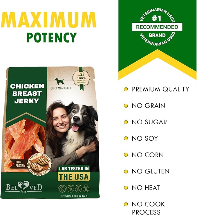 Beloved Pets Dog Treats Chicken Jerky 10.6 Oz – Healthy Chews for Large, Medium & Small Breeds – Pet Natural Training Snacks Strips – Grain Free & Human Grade Meat – Rawhide Free Puppy Treats