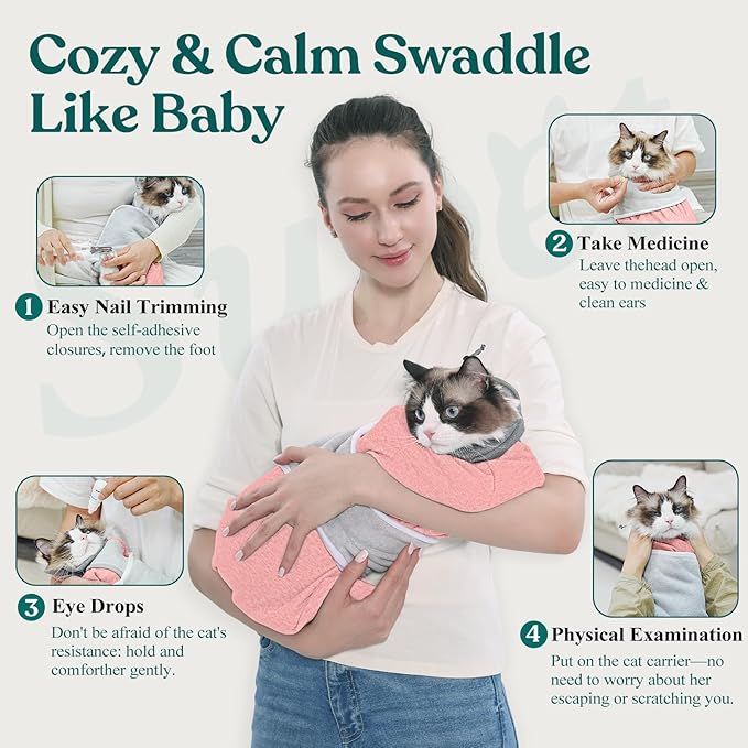 Supet Cat Grooming Wrap for Cutting Nails, Self-Adhesive Anti-Scratch Swaddle with Bite-Proof Mesh Hood & Thick Waist Strap Anti-Escape Bag for Nail Trimming, Medication, Ear Cleaning (Pink M)