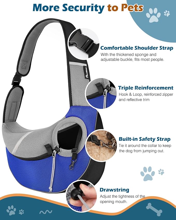 Pawaboo Pet Dog Sling Carrier, Hand Free Breathable Mesh Puppy Carrier, Dog Papoose with Zipper Touch Pocket and Adjustable Strap, Crossbody Satchel Dogs Purse for Outdoor, M, Blue