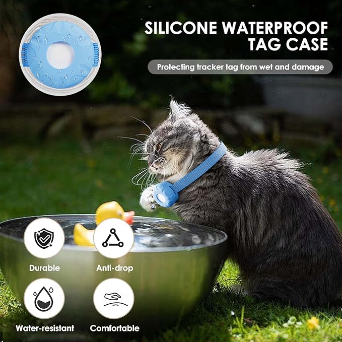 Smart Cat GPS Tracker, Cat Tracker Collar with Safety Elastic Buckle, Compatible with Apple Find My App (Only iOS), No Monthly Fee, Waterproof (White Tracker, Blue Cat Collar)