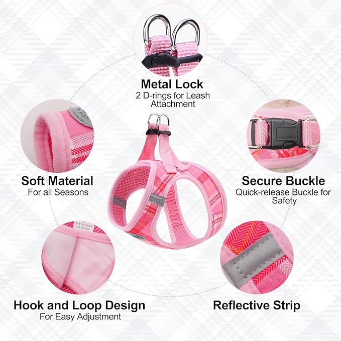 BEAUTYZOO Small Dog Harness and Leash Set, Step in No Choke No Pull Soft Mesh Dog Harnesses Reflective for Small Medium Puppy Dogs and Cats, Plaid Dog Vest Harness for S M Pets, Light Pink XS