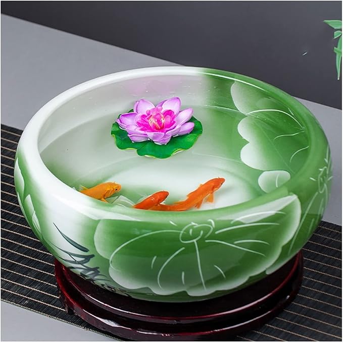 Fish Tabk Ceramic Goldfish Bowl Fish Tank Hand-Painted Desktop Large Lucky Turtle Tank Narcissus Lotus Pot Tank Aquarium Starter Kits Cool Fish Tank(Color:B,Size:24cm)