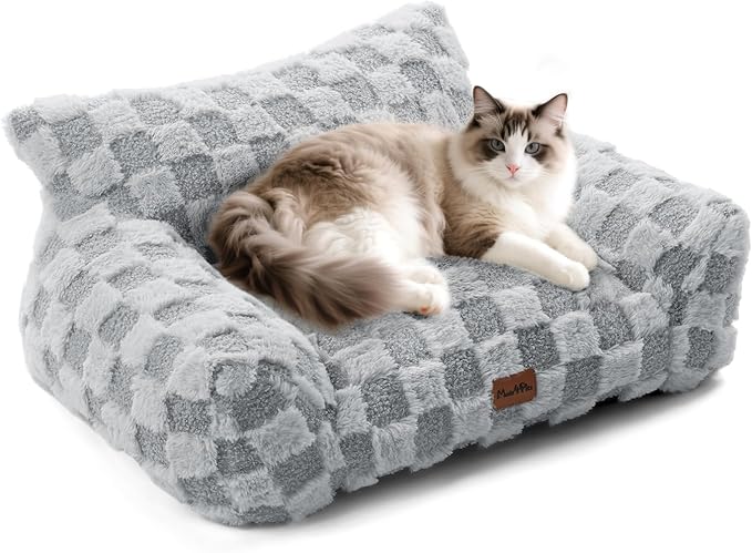 Made4Pets Cat Beds for Indoor Cats, Cat Couch Bed, Soft Faux Fur Checkered Pet Sofa, Calming Fluffy Kitten Sofa with Supportive Foam, Removable Washable Cover with Non-Slip Base, Grey, Small