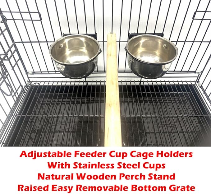 Large Durable Metal Travel or Veterinary Easy Collapsable Parrot Bird Carrier Beaks Proof Carrier Cage Easy Clean Pull Out Tray Stainless Steel Feeder Bowls Natural Wooden Perch