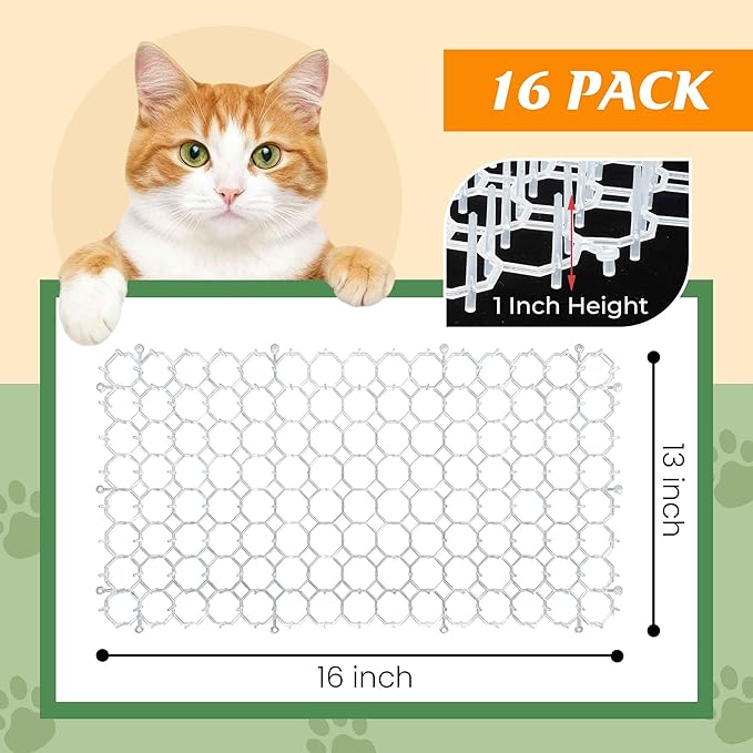 Clear Cat Scat Mat 16 x 13 Inch, 16 Pack Transparent Cat Deterrent Mats with 1 Inch Spikes, Large Coverage Indoor Outdoor Pet Training Mats to Protect Furniture, Counters, Garden & Yard