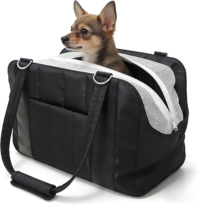 Dog Purse Carrier for Small Dogs, Small Cat Purse Carrier Soft with Large Pocket, Portable Pet Carrier Tote Bag with Safe Leash (Black)