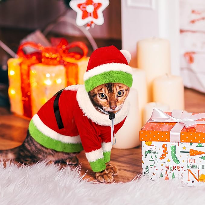 Cat Christmas Costume Lime Green Character Pet Outfit Holiday Green Furry Pet Velvet Costume Cosplay Outfit Cute Funny Christmas Dogs and Cats Clothes for Party Favors(Large)