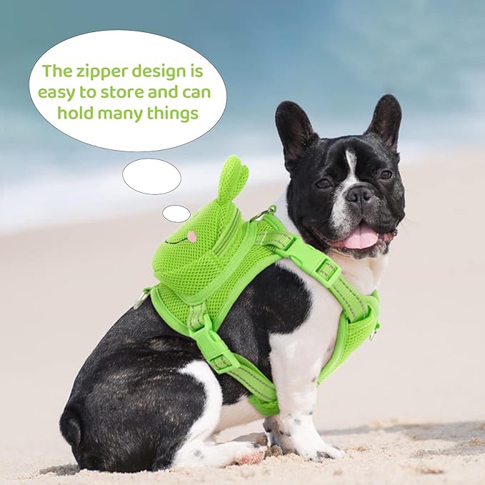 Dog Harness with Backpack, Adjustable Dog Backpack Harness for Small Medium Dogs, No-Pull Breathable Backpacks for Dogs to Wear, for Traveling, Hiking, Camping, Training, Green Frog XS