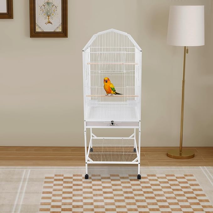 Large Bird Cage, Movable Pet Bird Flight Cages with Wheels, Wooden Perches, Slide-Out Tray, Panorama Bird Aviary with Stand 18.11x18.11x53.54in for Parrot, Sparrow, Budgerigars (White Style1)