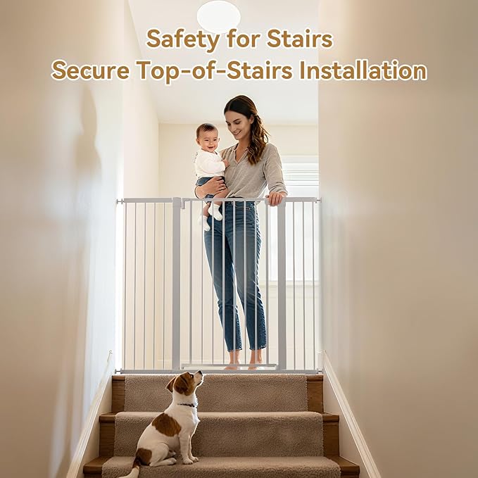 43 inch Tall Safety Dog Gate Adjustable 29.7-57 inch Extra-Wide Metal Pet Gate Drill-Free Pressure-Mount Installation kit Self-Closing Cat Gate for Stairwells、Doorways（White）