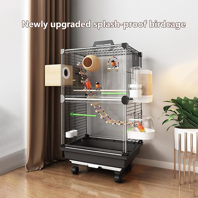 Bird Cage,Large Parrot Cage with Acrylic Doors, 3-Tier Movable Birdcage Parakeet Cage w/Wheels, 360° View Spacious Interactive Bird House (Black, Automatic Food Container and Water Bottle)