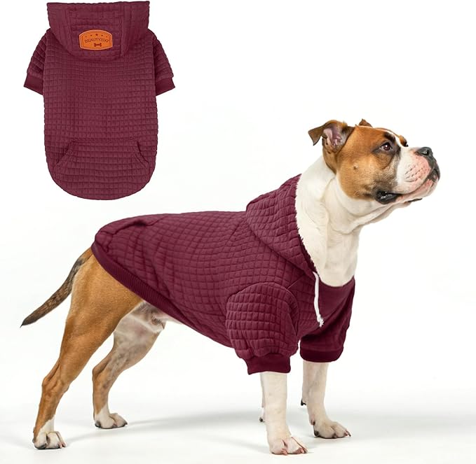BEAUTYZOO Medium Dog Hoodie Sweater with Pockets, Dog Clothes for Small Medium Dogs Boy Girl, Waffle-Like Laminated Cotton Pet Coats with Hat and Leash Hole, Wine Red XL