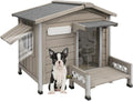 34" L Outdoor Dog House with Porch, Removable Floor, Raised Feet Anti-Chewing Iron Frame – Weatherproof Wooden Dog Kennel for Indoor/Outdoor Use, Ideal for Small to Medium Dogs