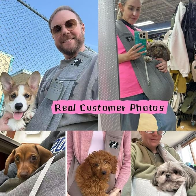 Dog Sling Carrier for Small Dogs Cats up to 15 lbs - Hands Free Puppy Carrier Bag (Plus Size L) - Ergonomic Padded Shoulder Strap & Safety Hook Based on Owner's Bust Length, Dark Gray