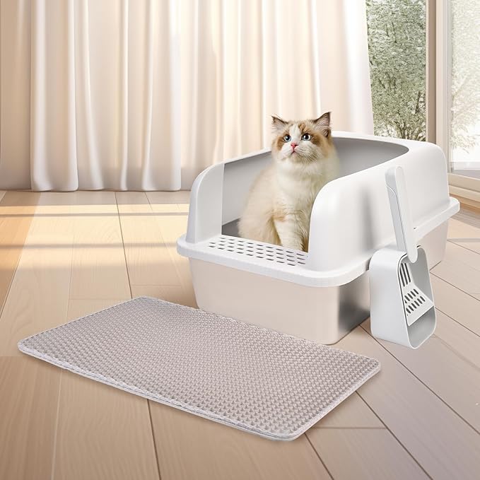 Henkelion Stainless Steel Cat Litter Box with Lid, 20" L x 14.2" W x 11.8" H, Extra Large Litter Box for Big Cats with High Sided, Anti-Urine Leakage, Easy Cleaning, Include Cat Mat and Scoop