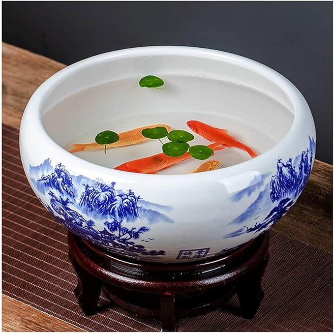 Fish Tabk Ceramic Goldfish Bowl Fish Tank Hand-Painted Desktop Large Lucky Turtle Tank Narcissus Lotus Pot Tank Aquarium Starter Kits Cool Fish Tank(Color:A,Size:32cm)