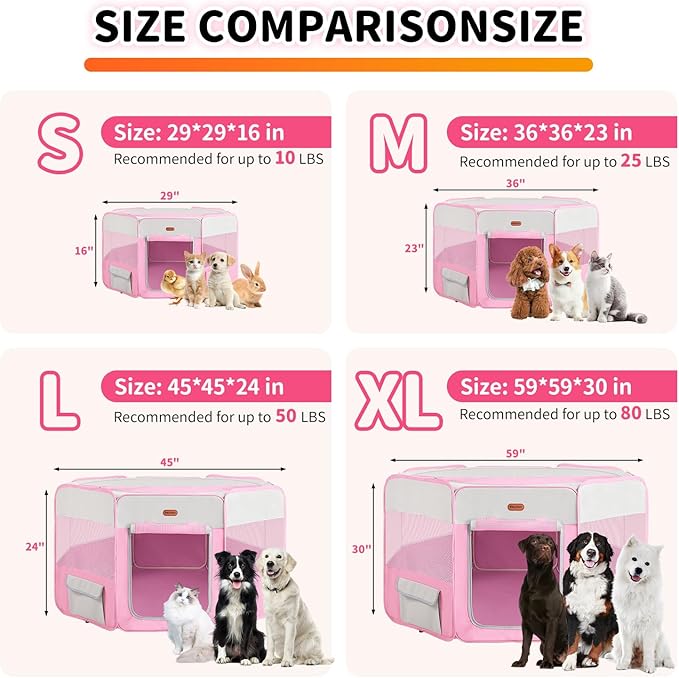 Dog Playpen, Portable Pet Playpen, Puppy Playpen, Cat Playpen with Carrying Case, Dog Playpen for Small Dogs Indoor/Outdoor, Removable Mesh Shade Cover, Pink XL