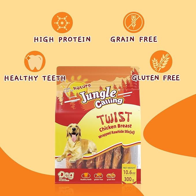 Jungle Calling Dog Treats, Chicken Wrapped Rawhide Chew Sticks - High Protein, Low Fat Dental Chews for Teeth Cleaning & Training Rewards, 10.6oz (Pack of 2)