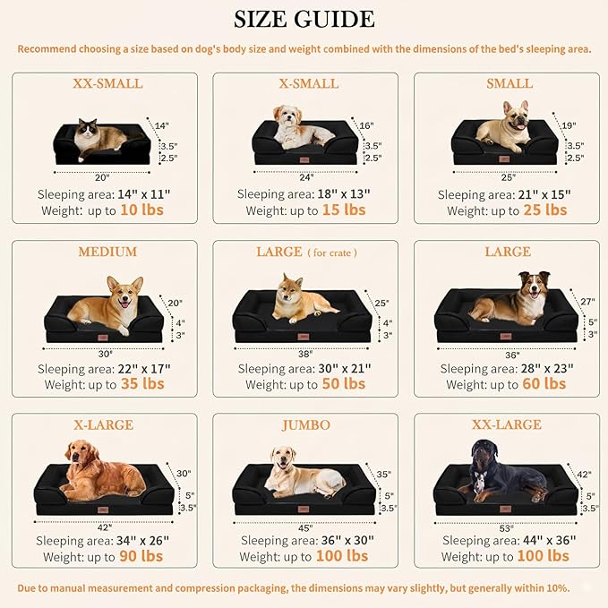 Comfort Expression Orthopedic Dog Bed for Extra Large Dogs 48x30 Inch, Waterproof Egg Crate Foam XXL Pet Bed with Removable Bolsters, Dog Couch with Washable Cover & Non-Slip Bottom, Black