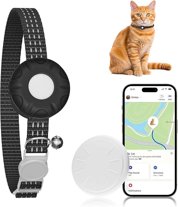 Cat Tracker, GPS Tracker for Cats, Cat Tracker Collar with Safety Elastic Buckle, Compatible with Apple Find My App (Only iOS), No Monthly Fee, Waterproof