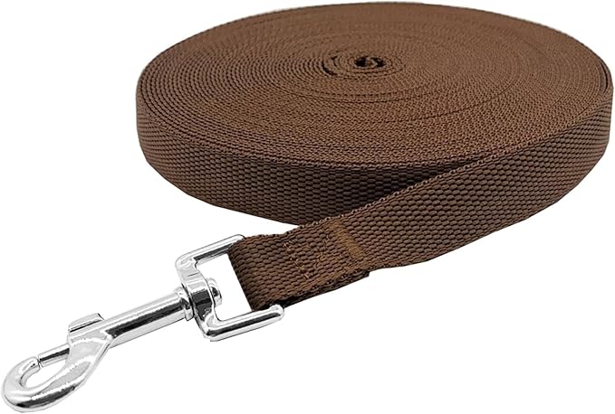 Nylon Training Dog Leash for Small Medium Large Dogs, 15ft 20ft 30ft 50ft Long Leash Dog/Puppy Lead for Obedience Recall Training, Camping (1" x 20ft, Brown)