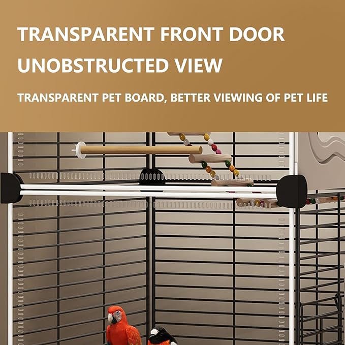 Large Parrot Cage with Acrylic Doors, 4 Casters, Perch & Feeder, Detachable Drawer, Ideal for Cockatiels, Budgies, Conures, Indoor/Outdoor Use – Spacious White Birdcage (Black, 36 * 36 * 142cm)