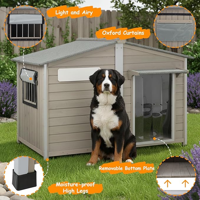 55"L Dog House Outdoor for Large Breed, XL Extra Dog House with Window Weatherproof Pet Shelter with Openable Asphalt Roof, Anti-Chewing Frame, Removable Floor,10 Support Feet for Medium to Large Dogs