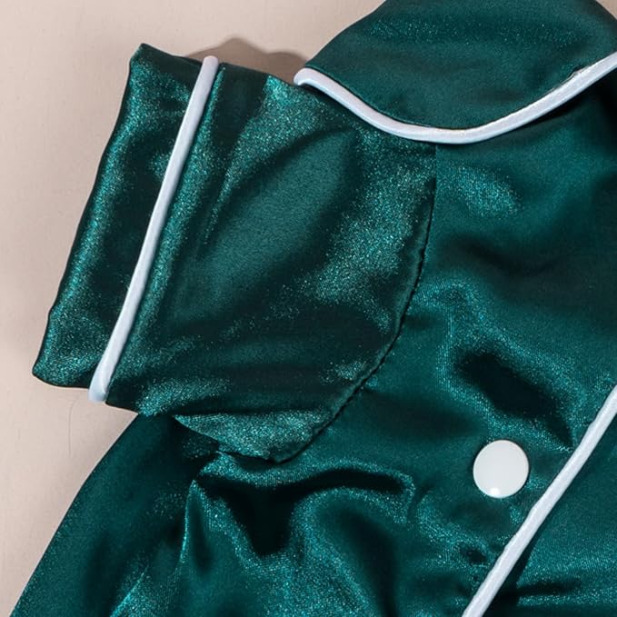 Cat Puppy Costume Elegant Satin Pajamas with Bow Headband 2PCs Set Pet Sleepwear Cute Pet Outfit Cosplay Partywear Photoshoots (Green Set,Medium)