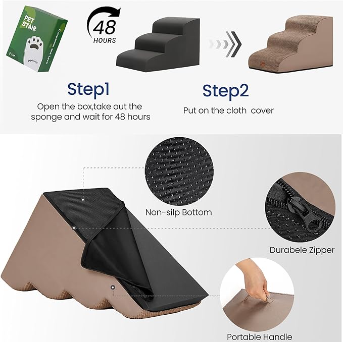 gogobunny Ramp Cat Dog Stairs for Beds, Cat Slope Stairs with Durable Waterproof Fabric Cover, Pet Steps for Old Large Dogs Climbing (Camel, 4-Step (28.3" D x 15.7" W x 19.7" H), 4)