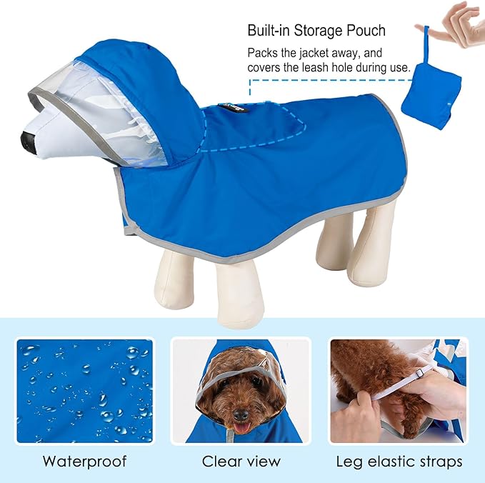 Lukovee Dog Raincoat, Adjustable Dog Rain Jacket with Clear Hooded Double Layer for Large Medium Small Dogs Puppies, Waterproof Rain Coat Poncho with Reflective Storage Pocket & Rim (Blue, XS)