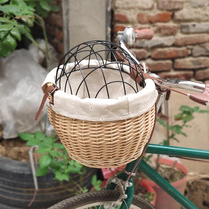 Wicker Bike Basket for Small Dogs Cats Pet Carrier Bicycle Front Basket with Wire Mesh Cover, 30*25cm