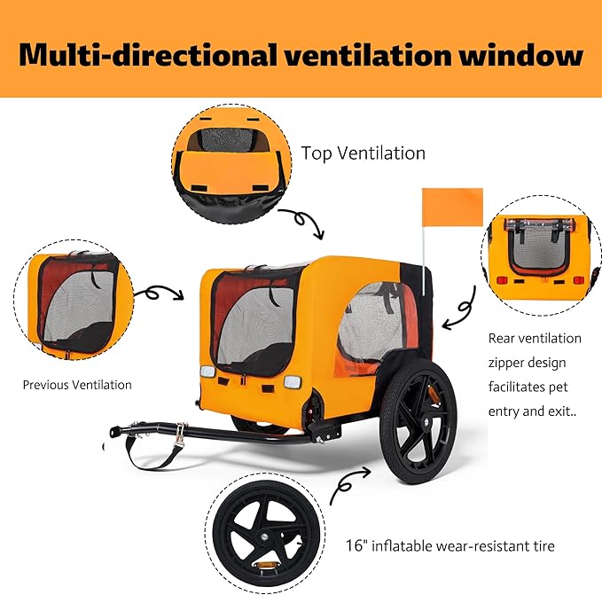 Collapsible Pet Bike Trailer, Portable Dog Bicycle Trailer with Enhanced Safety Design, Weatherproof & Ventilated Pet Carrier for Small to Medium Pets Up to 66 lbs (Orange)