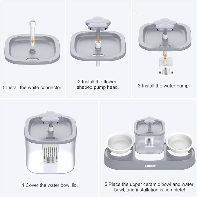 Cat Water Fountain and 2 Ceramic Food Bowls - 2 in 1 Ultra Quiet Automatic Pet Food and Water Bowl Set for Two Cats, Small Dogs, Gray (No Adapter)