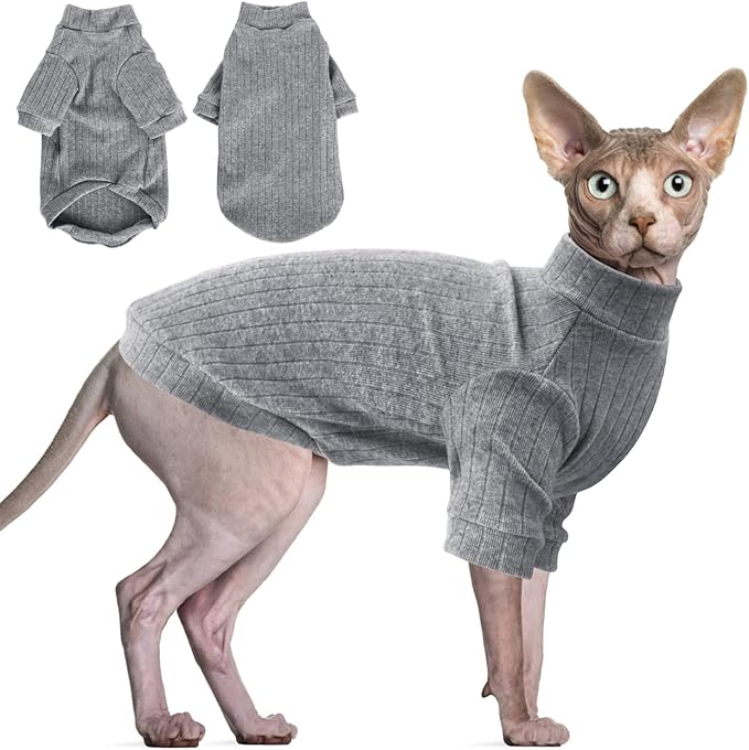 Idepet Sphynx Hairless Cats Sweater Shirt Kitten Soft Puppy Clothes Pullover Cute Cat Pajamas Jumpsuit Cotton Apparel Pet Winter Turtleneck for Cats and Teacup Chihuahua Small Dogs(Gray,XL)