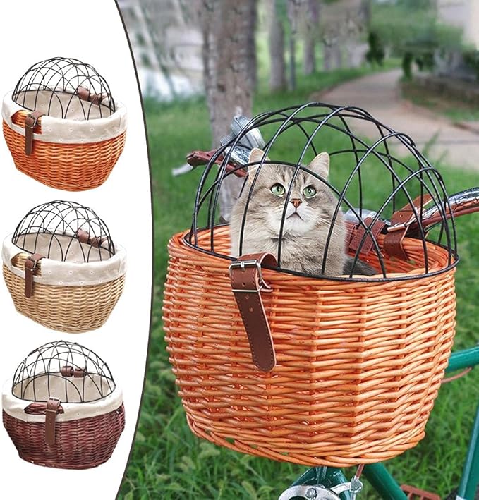 Wicker Bike Basket for Small Dogs Cats Pet Carrier Bicycle Front Basket with Wire Mesh Cover, 30*25cm