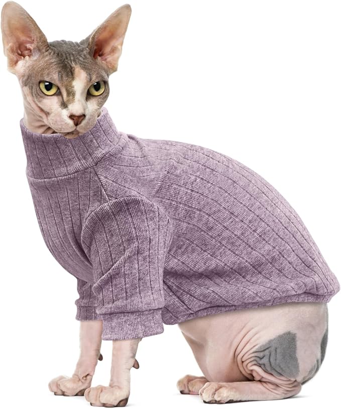 Idepet Sphynx Hairless Cats Sweater Shirt Kitten Soft Puppy Clothes Pullover Cute Cat Pajamas Jumpsuit Cotton Apparel Pet Winter Turtleneck for Cats and Teacup Chihuahua Small Dogs(Purple,S)
