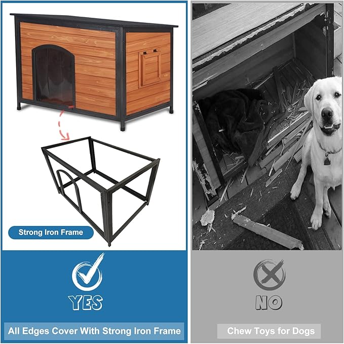 Insulated Dog House Outdoor Weatherproof 43.3" L Large Dog Kennel 6 Sides All-Round Foam Winter for Small Medium Large Dogs with Strong Metal Frame
