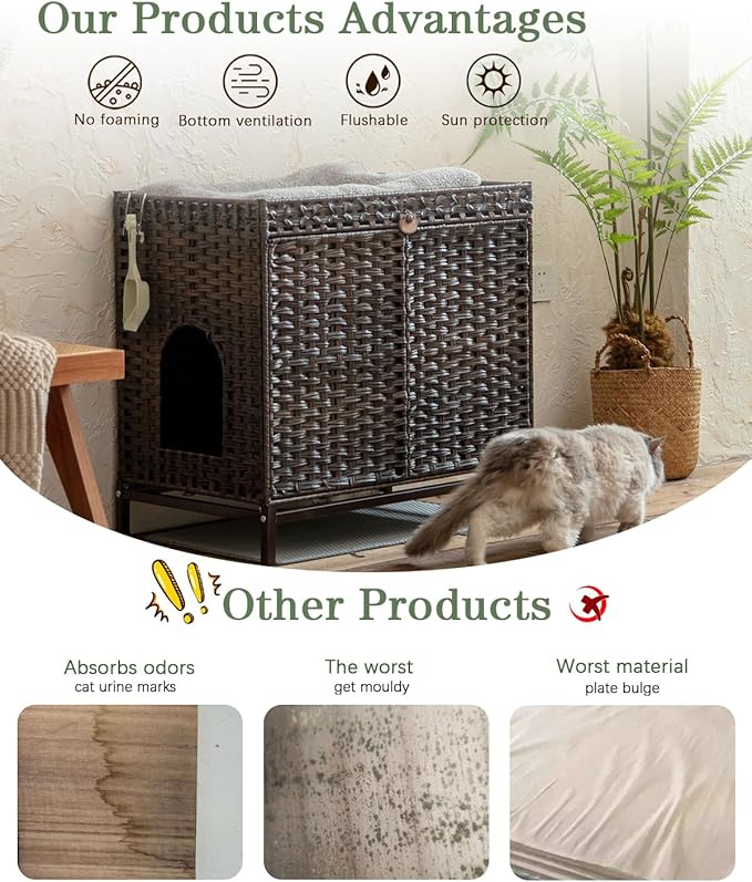 Cat Litter Box Enclosure Furniture, Hidden Handwoven Rattan Litter Box with Mat, Large Cat House with Metal Heightened Feet, 30.3 x 18.3 x 28 Inches, Indoor for Living Room, Bedroom Brown