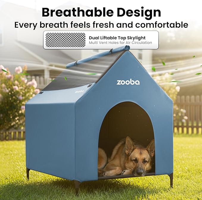 48" XL Outdoor Dog House – Weatherproof Elevated Pet Shelter, Breathable Mesh & Steel Frame, Easy to Assemble & Clean, Large Dog Houses for All Seasons (Blue)