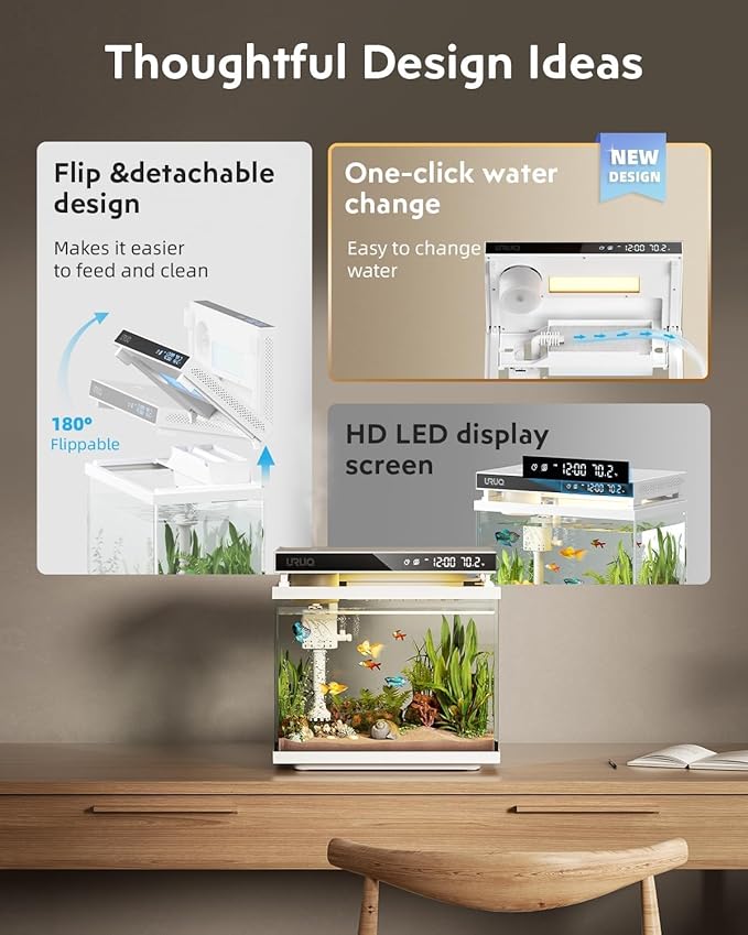 Fish Tank Smart Aquarium Kit: 2 Gal UHD Glass Silent Water Pump Self Cleaning System Temperature Monitoring Essential Oil Diffuser with Humidifier 7 Color Lights Multi-Layer Filtration System - White