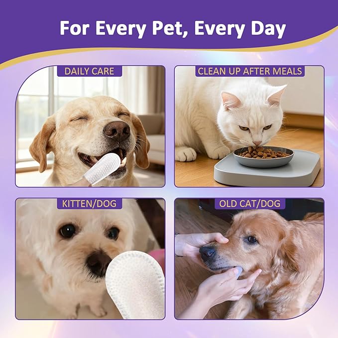 Pet Dental Finger Wipes,Teeth Cleaning Wipes for Dogs & Cats, Cats & Dogs Probiotic Teeth Wipes, Daily Oral Care for Plaque & Tartar Removal, Fresh Breath Support, 50 Count