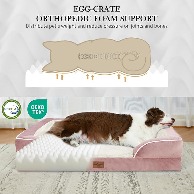Comfort Expression Orthopedic Dog Bed for Extra Large Dogs 53x42 Inch, Waterproof Supportive Egg Crate Foam XXL Pet Bed with Removable Bolsters, Dog Couch with Washable Cover & Non-Slip Bottom, Pink