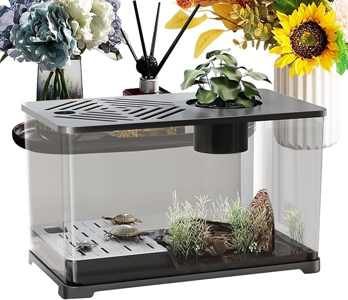Aquarium Tank – Fish Tank Starter Kit | Modern Clear Panoramic Aquarium Container with Resting Area for Turtle, Betta, Guppy, Shrimp, Jellyfish, Stylish Indoor Water Habitat for Home Office Apartment