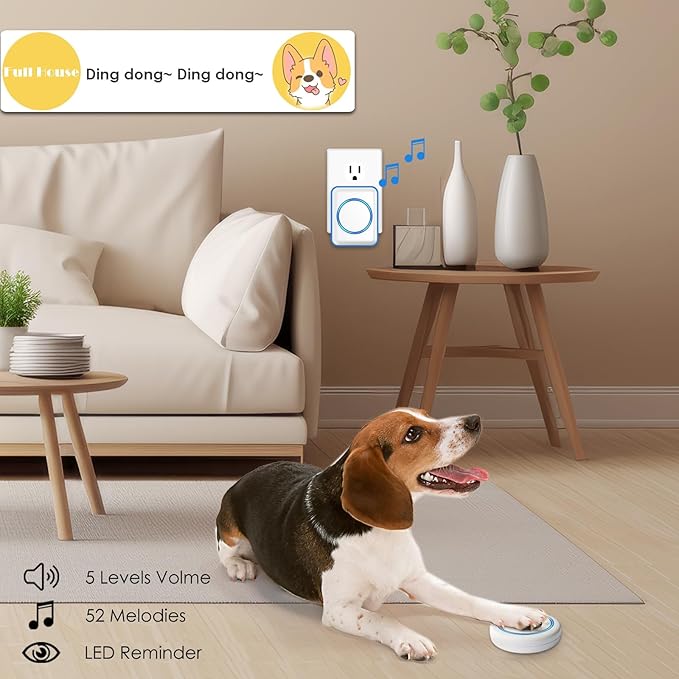 Full House Dog Doorbell for Potty Training, Wireless Pet Doggie Door Bell Training to Go Outside, Waterproof Touch Button, Over 1000 feet Range White 2 Buttons + 1 Receiver
