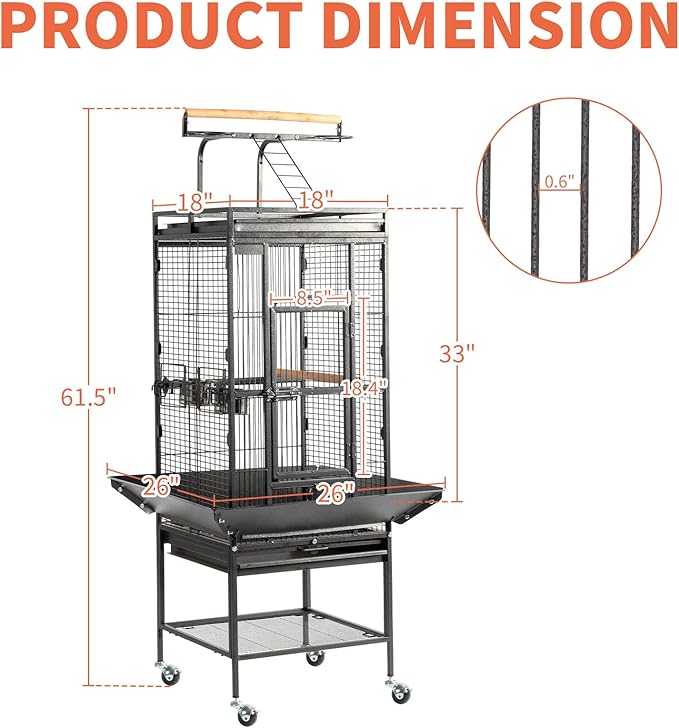Wrought Iron Rolling Large Parrot Bird Cage,65-inch Wrought Iron Large Rolling Bird Cage with Play Top and Stand for Parrots Lovebird Cockatiel Parakeets, Black